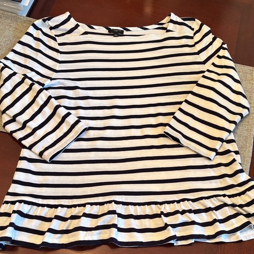 LOFT Black and cream striped 3/4 Sleeve Top.